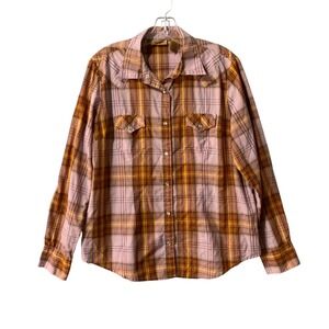 Wrangler Western Plaid‎ Pearl Snap Long Sleeve Shirt Women Large Pink Orange